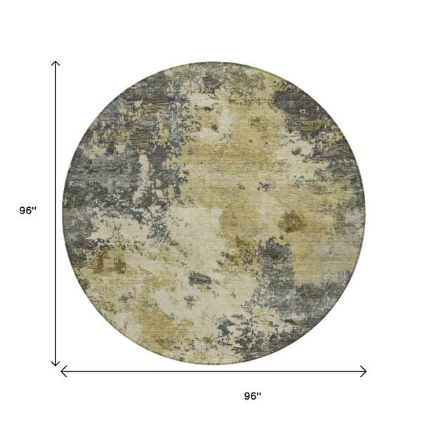8' Pewter And Gold Round Abstract Washable Indoor Outdoor Area Rug