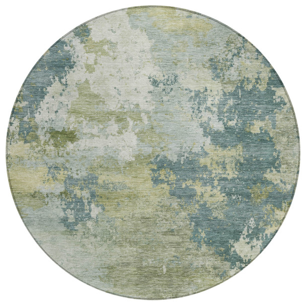 8' Aqua And Green Round Abstract Washable Indoor Outdoor Area Rug