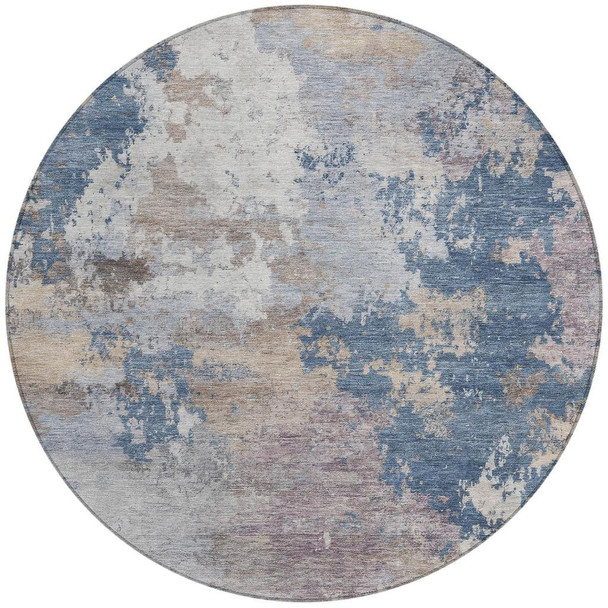 8' Blue And Beige Round Abstract Washable Indoor Outdoor Area Rug