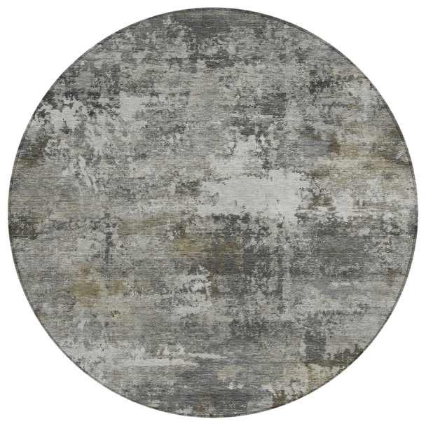 8' Gray And Silver Round Abstract Washable Indoor Outdoor Area Rug