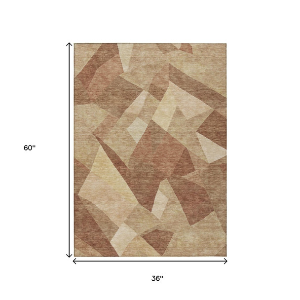 3' X 5' Rust And Beige Abstract Washable Indoor Outdoor Area Rug
