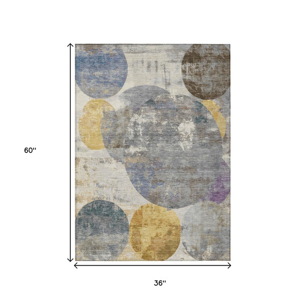 3' X 5' Gray Gold And Ivory Geometric Washable Indoor Outdoor Area Rug