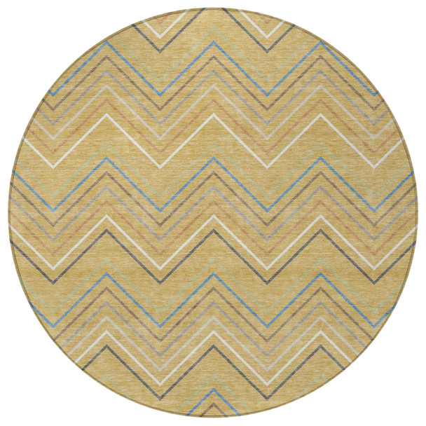 8' Gold Ivory And Blue Round Striped Washable Indoor Outdoor Area Rug