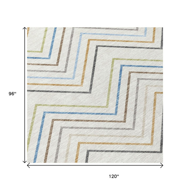 8' X 10' Ivory Blue And Beige Striped Washable Indoor Outdoor Area Rug