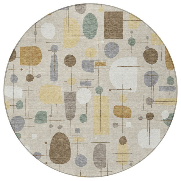 8' Beige Brown And Gray Round Geometric Washable Indoor Outdoor Area Rug