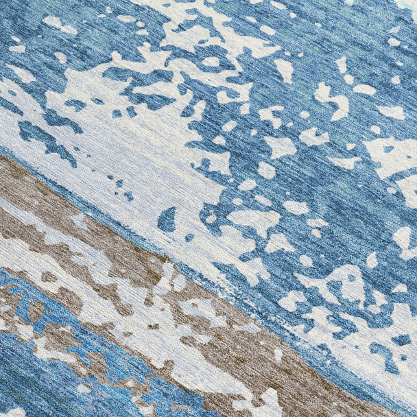 8' X 10' Blue Ivory And Brown Striped Washable Indoor Outdoor Area Rug