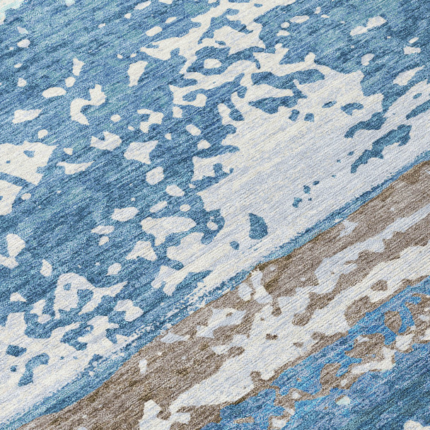 9' X 12' Blue Ivory And Brown Striped Washable Indoor Outdoor Area Rug