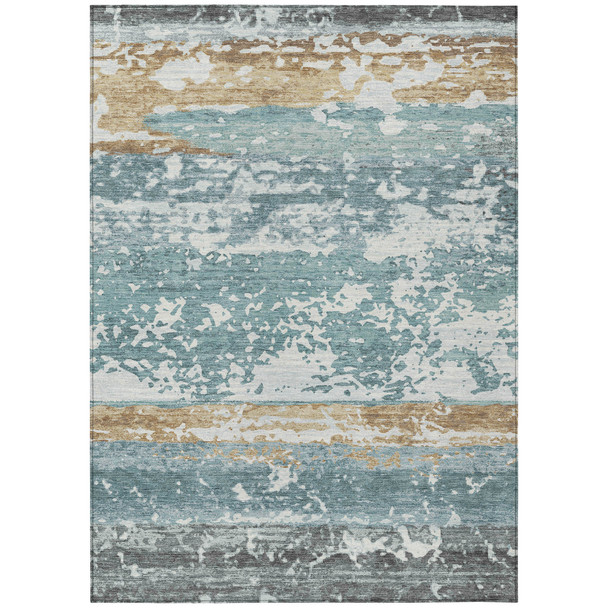 5' X 8' Teal Blue Ivory And Khaki Striped Washable Indoor Outdoor Area Rug