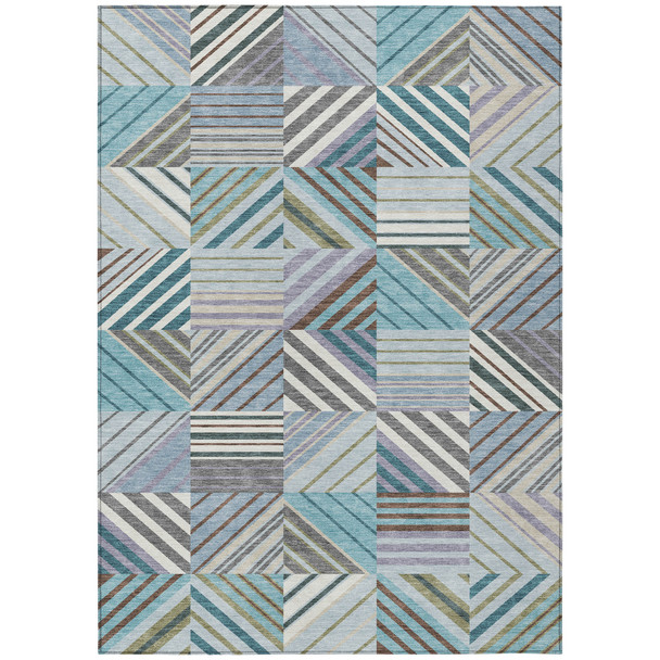 9' X 12' Teal Blue Lavender And Ivory Patchwork Washable Indoor Outdoor Area Rug