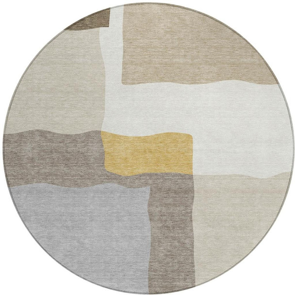 8' Beige Gold And Gray Round Abstract Washable Indoor Outdoor Area Rug