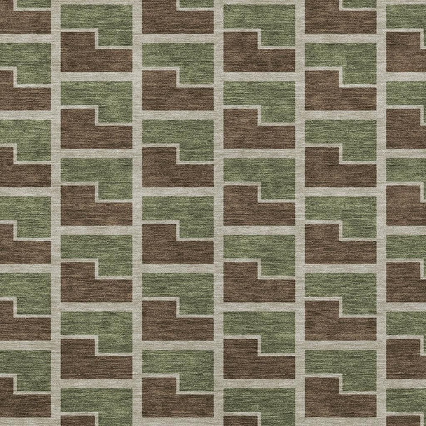 9' X 12' Chocolate Olive Green And Beige Geometric Washable Indoor Outdoor Area Rug