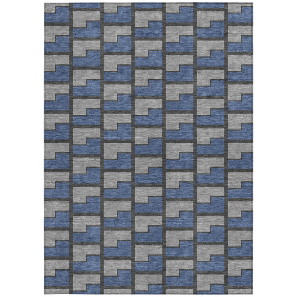 8' X 10' Navy Blue Gray And Charcoal Geometric Washable Indoor Outdoor Area Rug