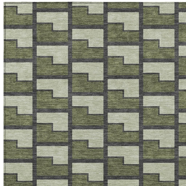 3' X 5' Olive Green Beige And Charcoal Geometric Washable Indoor Outdoor Area Rug