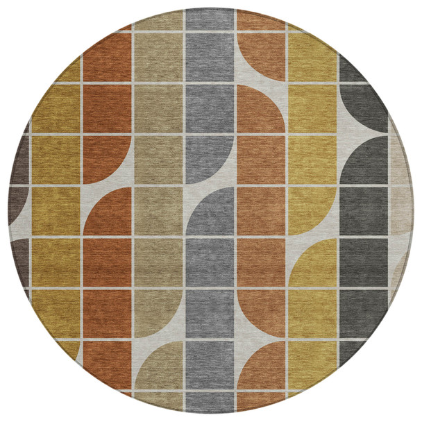 8' Coffee Gold Gray And Beige Round Geometric Washable Indoor Outdoor Area Rug