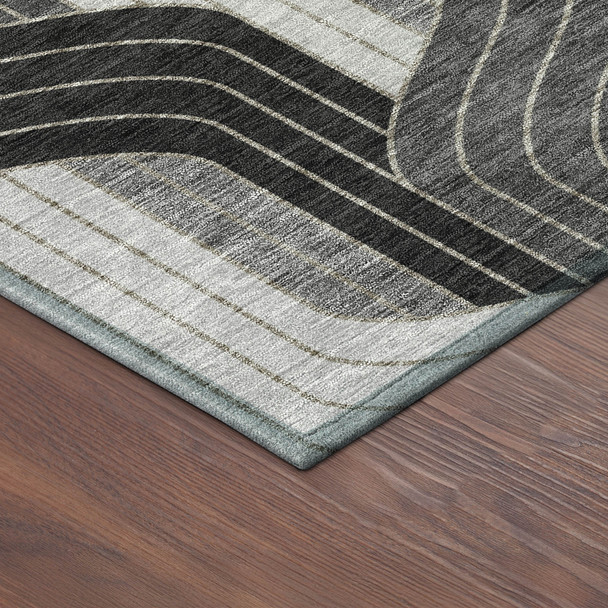 8' Black Gray And Silver Round Striped Washable Indoor Outdoor Area Rug