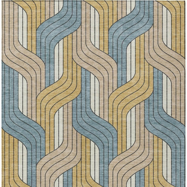 8' X 10' Gold Teal Blue And Beige Striped Washable Indoor Outdoor Area Rug
