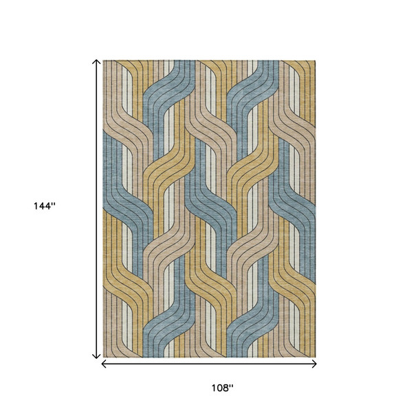 9' X 12' Gold Teal Blue And Beige Striped Washable Indoor Outdoor Area Rug