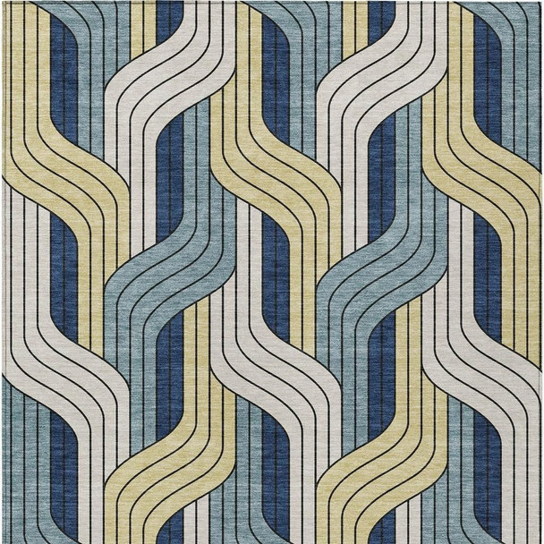 5' X 8' Teal Blue Wheat And Ivory Striped Washable Indoor Outdoor Area Rug