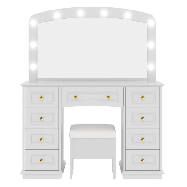 43" White Wood Mirrored Nine Drawer Vanity Table And Lights