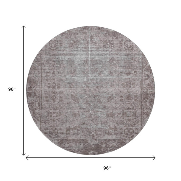 8' X 8' Coffee And Silver Oriental Washable Round Rug With UV Protection