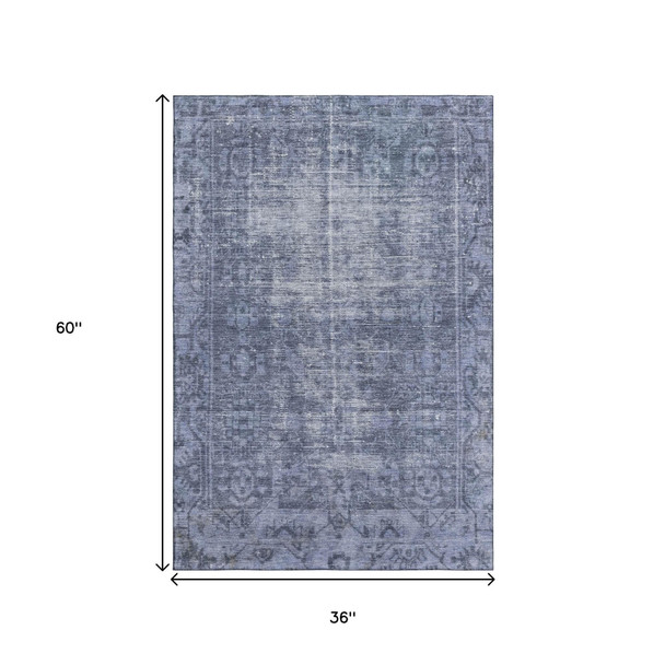 3' X 5' Navy Blue And Silver Oriental Washable Area Rug With UV Protection