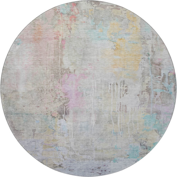 8' X 8' Taupe Teal And Purple Abstract Washable Round Rug With UV Protection
