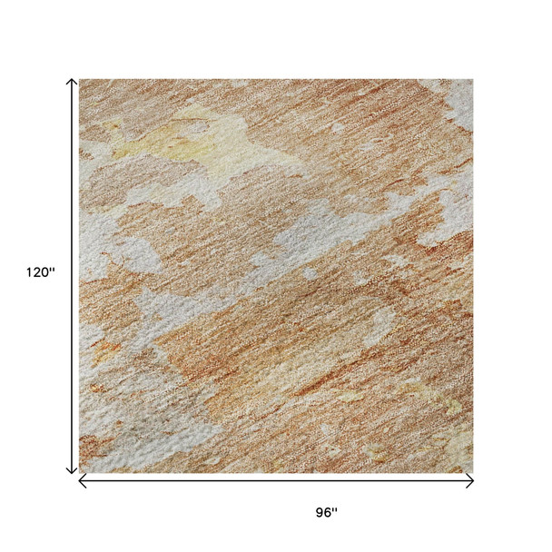 8' Salmon Ivory And Gold Abstract Washable Area Rug With UV Protection