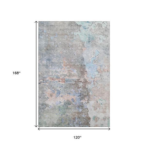 10' X 14' Taupe Blue And Gray Abstract Washable Area Rug With UV Protection