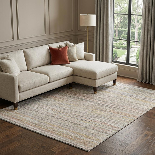9' X 12' Terra Cotta Gold And Peach Striped Washable Area Rug With UV Protection