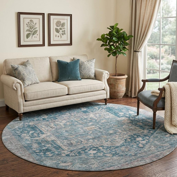 8' X 8' Blue Gray And Silver Oriental Washable Round Rug With UV Protection