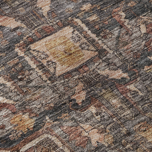 8' Charcoal Gold And Rust Oriental Washable Area Rug With UV Protection