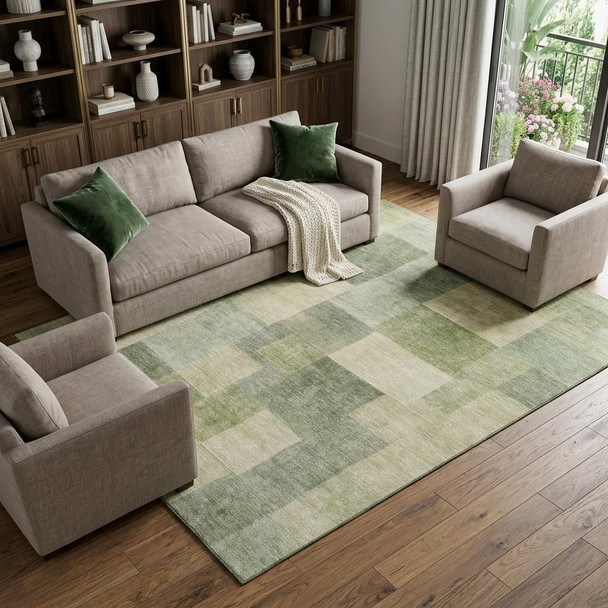 10' X 14' Artichoke Green And Beige Geometric Washable Area Rug With UV Protection