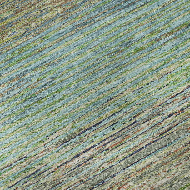 5' X 8' Artichoke Green Blue And Copper Striped Washable Area Rug With UV Protection