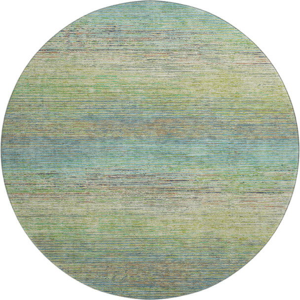 8' X 8' Artichoke Green Blue And Copper Striped Washable Round Rug With UV Protection