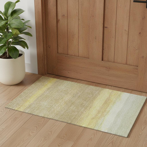 3' X 5' Tan Yellow And Beige Striped Washable Area Rug With UV Protection