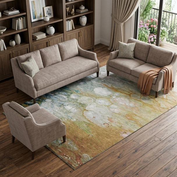 9' X 12' Rust Teal And Gray Abstract Washable Area Rug With UV Protection