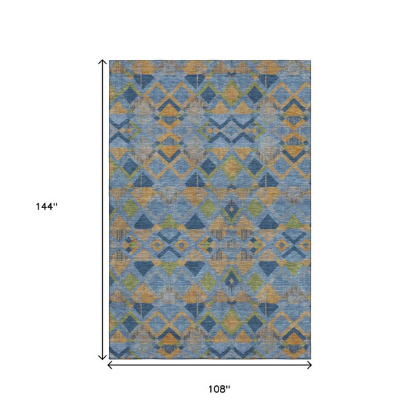 9' X 12' Denim Blue Peach And Green Geometric Washable Area Rug With UV Protection