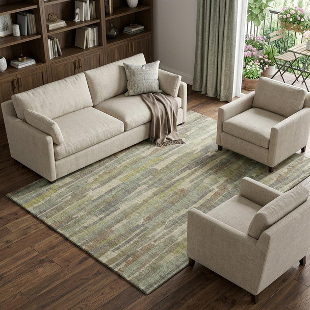 8' Artichoke Green Copper And Beige Striped Washable Area Rug With UV Protection