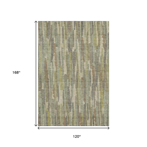 10' X 14' Artichoke Green Copper And Beige Striped Washable Area Rug With UV Protection