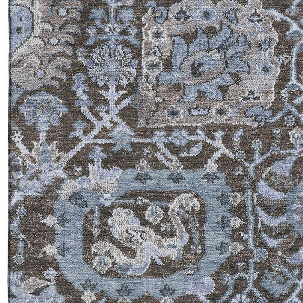 8' Denim Blue Gray And Silver Damask Washable Area Rug With UV Protection