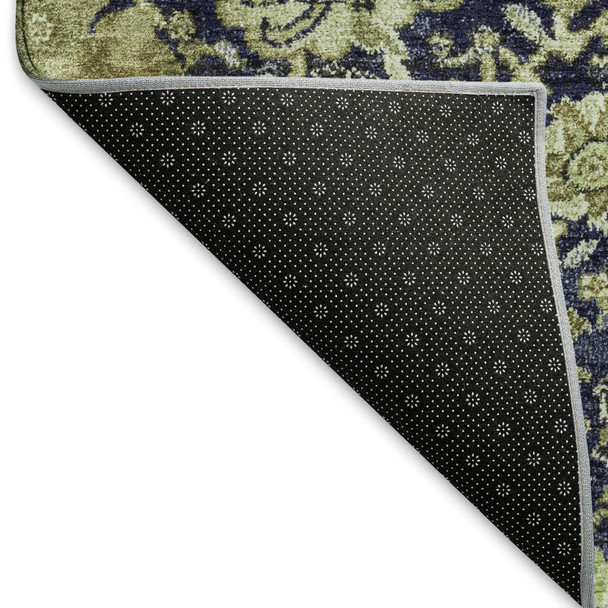 3' X 5' Fern Green Navy Blue And Ivory Damask Washable Area Rug With UV Protection