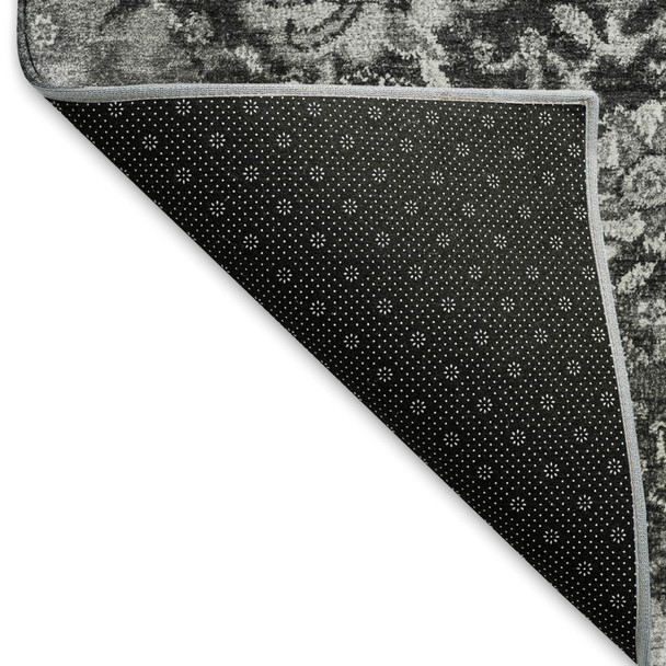 3' X 5' Gray Silver And Charcoal Damask Washable Area Rug With UV Protection