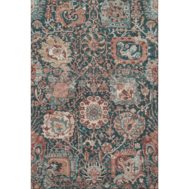 5' X 8' Salmon Teal And Peach Damask Washable Area Rug With UV Protection