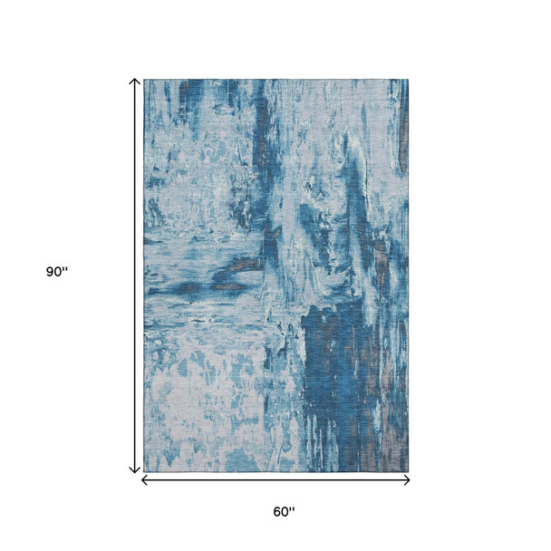 5' X 8' Denim Blue Silver And Gray Abstract Washable Area Rug With UV Protection