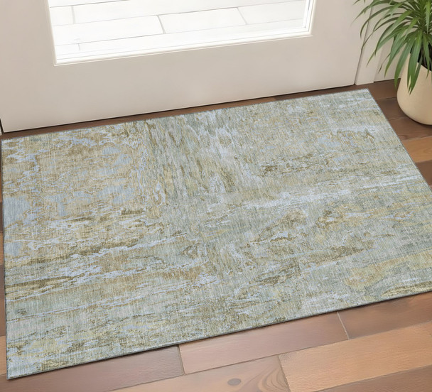 3' X 5' Khaki And Silver Abstract Washable Area Rug With UV Protection