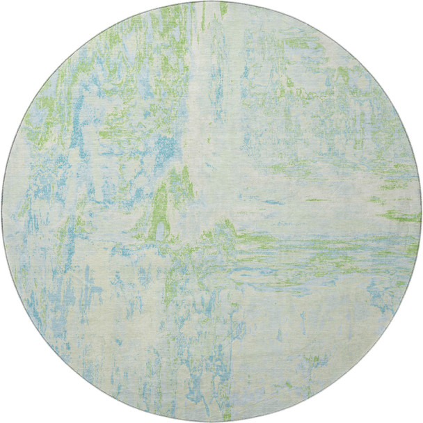 8' X 8' Mint Green And Blue Abstract Washable Round Rug With UV Protection