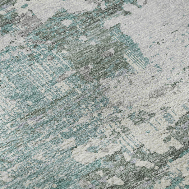 8' Pale Aqua Ivory And Gray Abstract Washable Area Rug With UV Protection