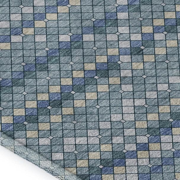 10' X 14' Denim Blue Ivory And Teal Geometric Washable Area Rug With UV Protection