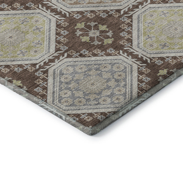 9' X 12' Chocolate Beige And Blue Floral Washable Area Rug With UV Protection