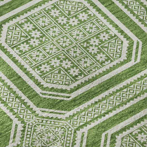 10' X 14' Green And Ivory Geometric Washable Area Rug With UV Protection